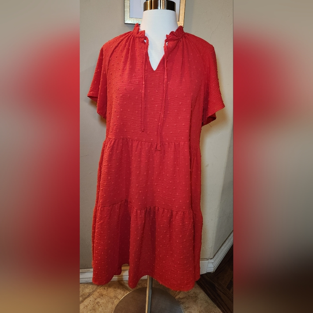 Lark +‎ Grey Red Mini Dress Ruffle Neck Short Sleeve Size Medium